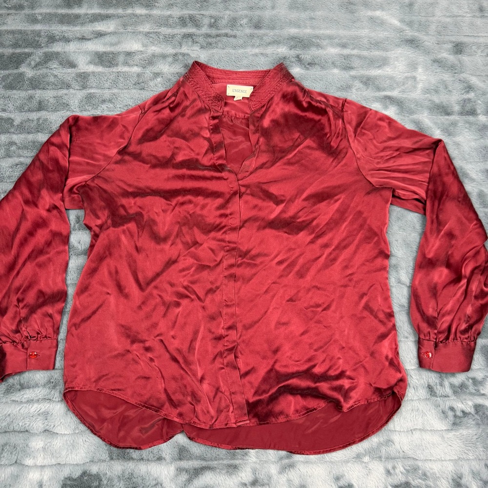 L'AGENCE Burgundy Red 100% Silk Split Neck Long Sleeve Blouse Top Large